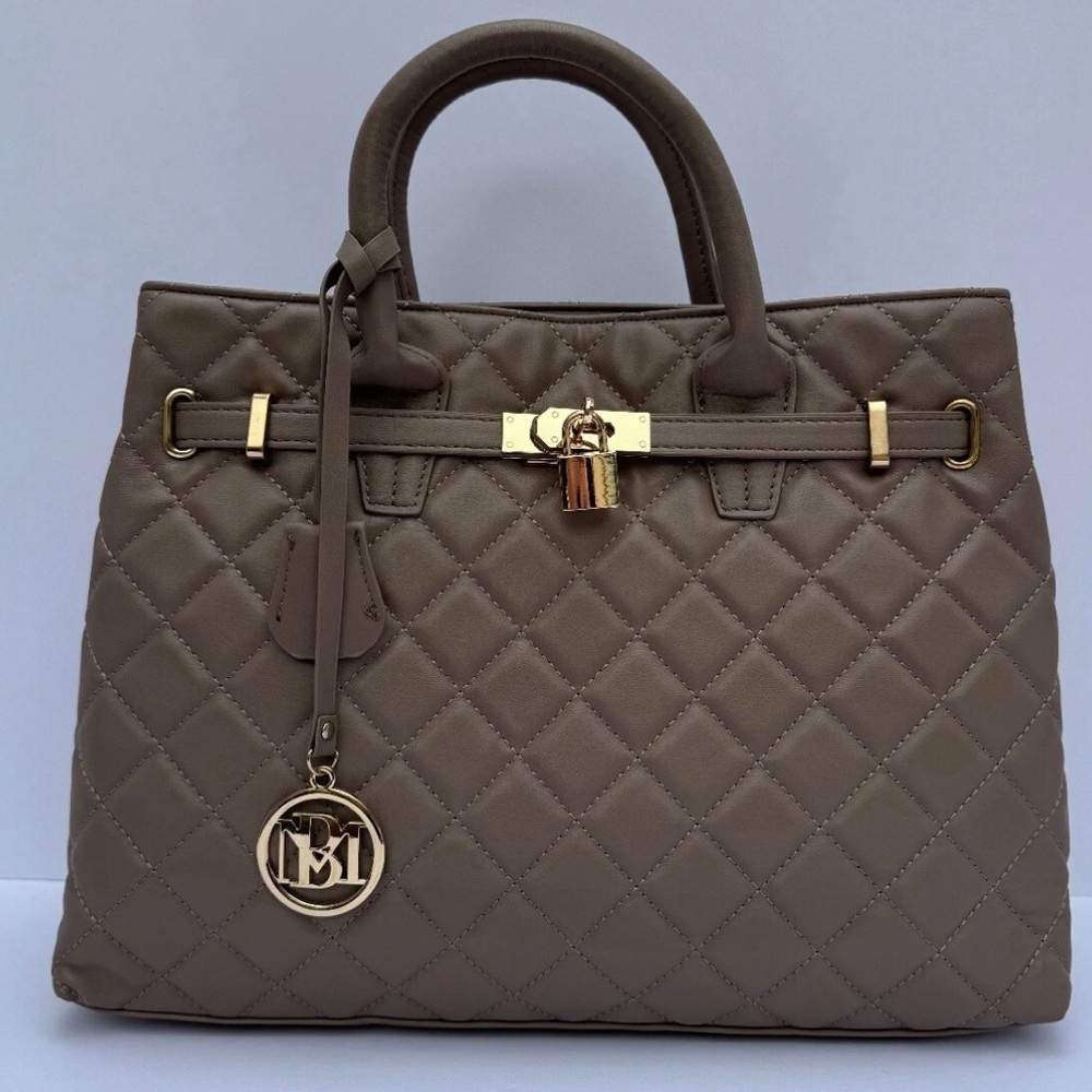 NWT Badgley Mischka Quilted Tote Bag With Front Lock Taupe